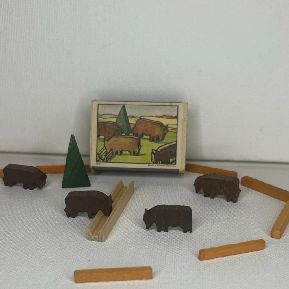 Vintage Wooden Buffalo Play Set w/ 4 Figures, Fence & Tree, Made Western Germany